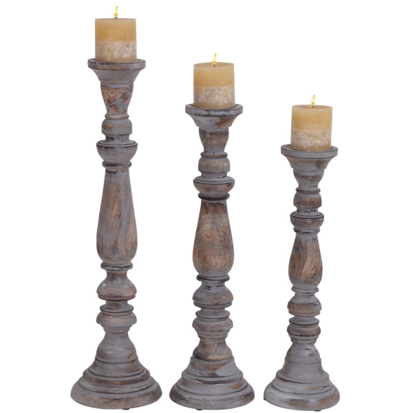 600066 Set of 3 Brown Wood Traditional Candle Holder, 23", 21", 18"