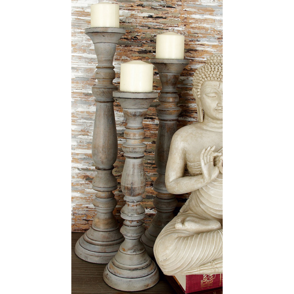 600066 Set of 3 Brown Wood Traditional Candle Holder, 23", 21", 18"