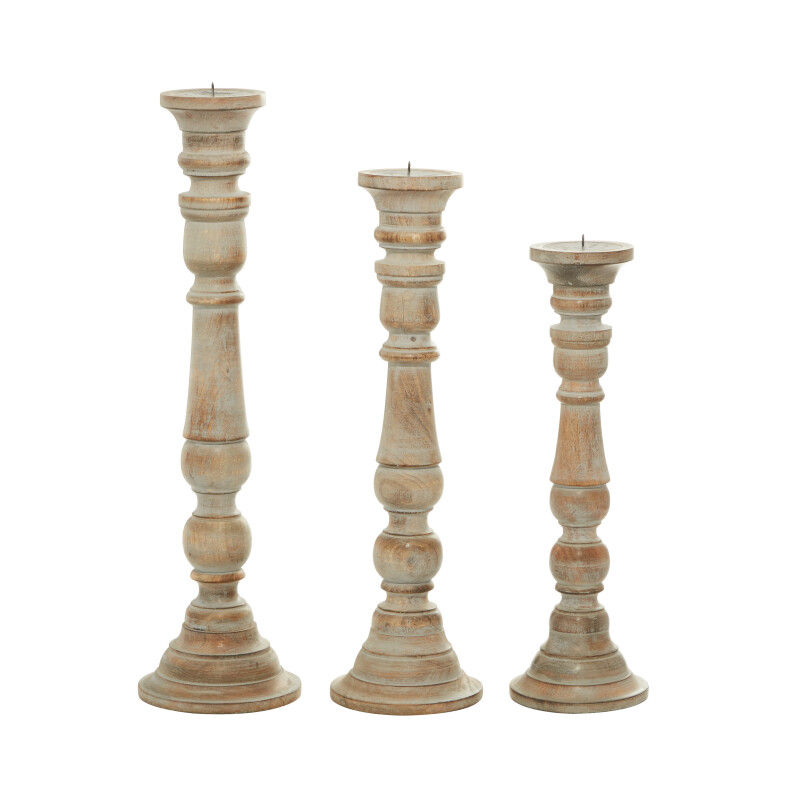 600067 Set Of 3 Brown Wood Traditional Candle Holder 1