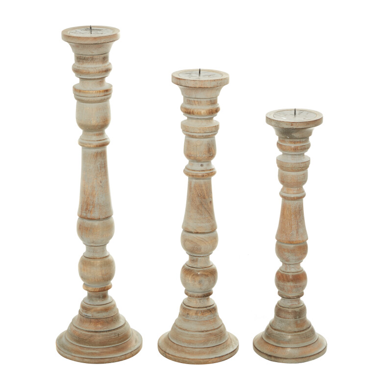 600067 Set Of 3 Brown Wood Traditional Candle Holder 2