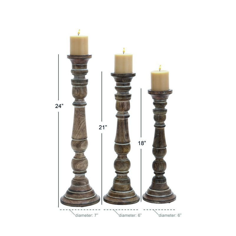 600067 Set Of 3 Brown Wood Traditional Candle Holder 5
