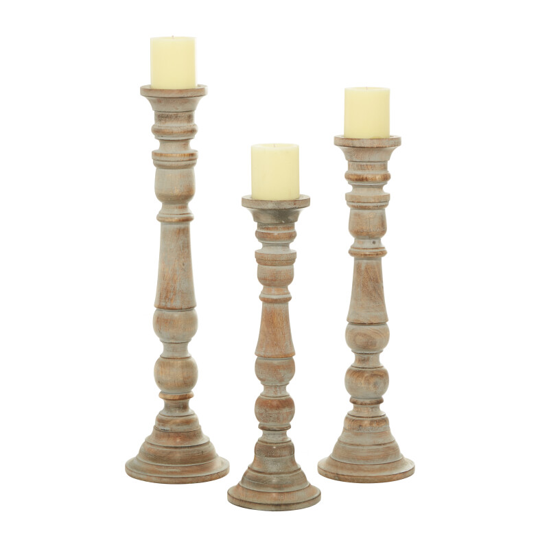 600067 Set of 3 Brown Wood Traditional Candle Holder, 24", 21", 18"
