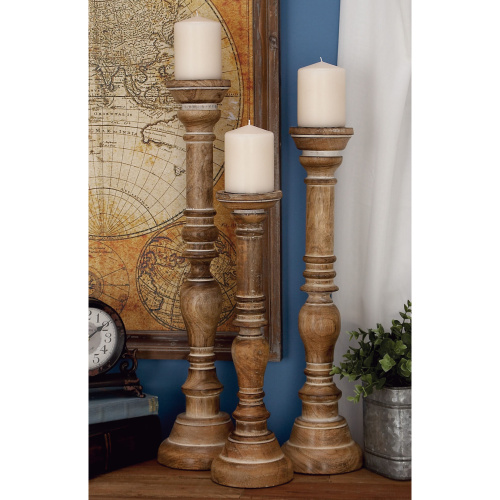 600068 Brown Set Of 3 Brown Wood Traditional Candle Holder 1