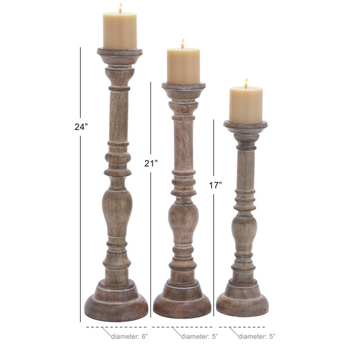 600068 Brown Set Of 3 Brown Wood Traditional Candle Holder 2