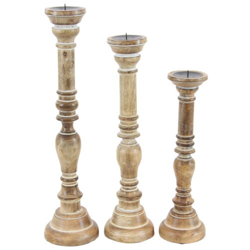 600068 Set of 3 Brown Wood Traditional Candle Holder, 24", 21", 17"