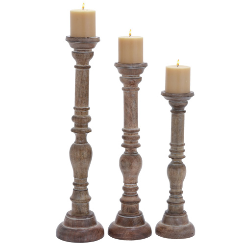 600068 Set of 3 Brown Wood Traditional Candle Holder, 24", 21", 17"