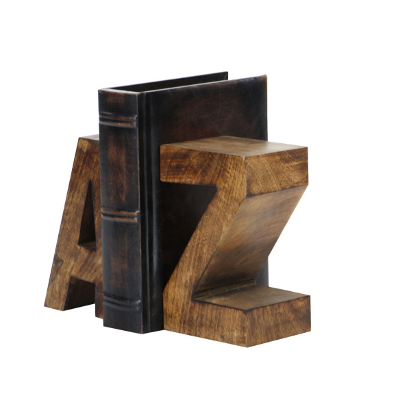 600070 Set Of 2 Dark Brown Wood Contemporary A Z Bookends 6