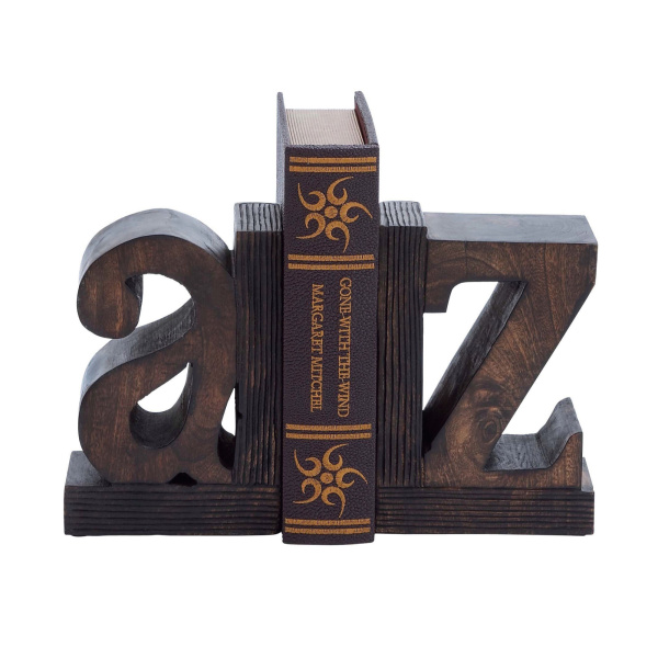 600071 Set of 2 Brown Wood Traditional A Z Bookends, 9" x 6"
