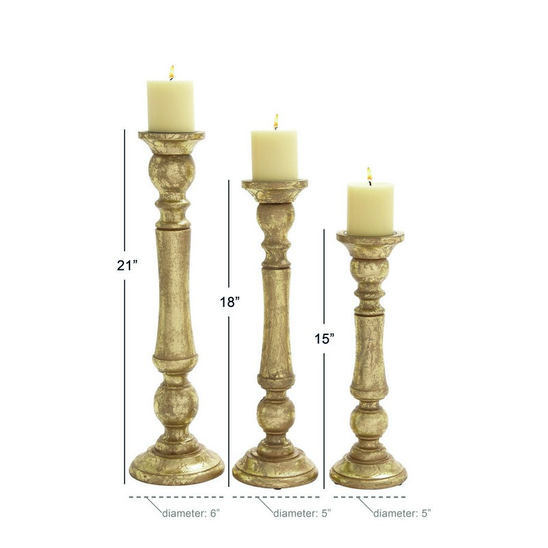 600073 Set Of 3 Gold Wood Traditional Candle Holder 4