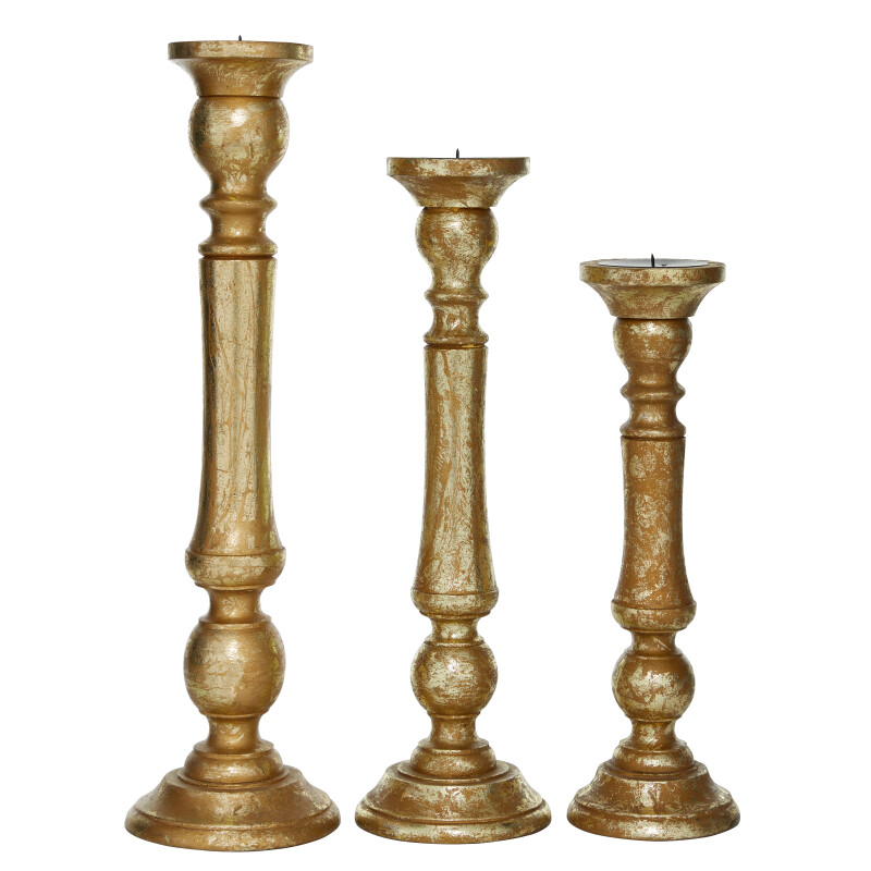 600073 Set Of 3 Gold Wood Traditional Candle Holder 5