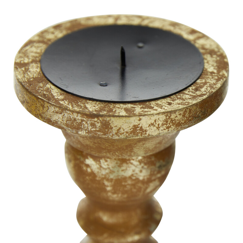 600073 Set Of 3 Gold Wood Traditional Candle Holder 6