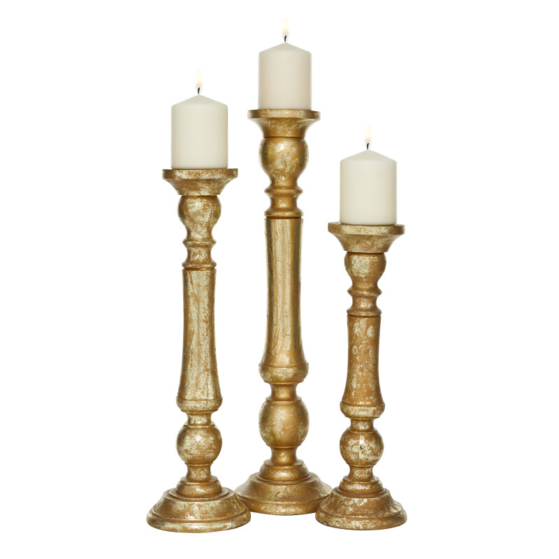 600073 Set Of 3 Gold Wood Traditional Candle Holder 8