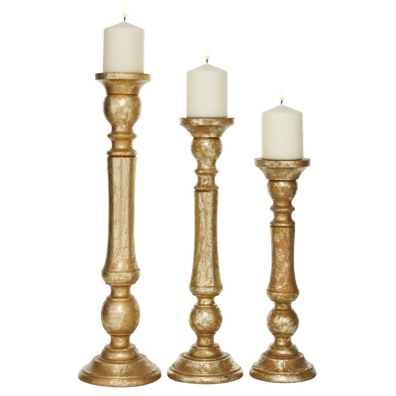 600073 Set of 3 Gold Wood Traditional Candle Holder, 21", 18", 15"