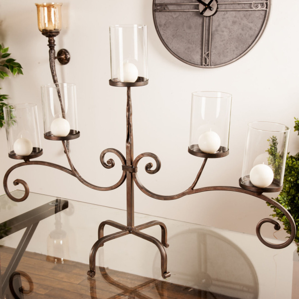 600093 Traditional Black Metal and Glass 5-Light Candelabra, 21" x 36" x 13"