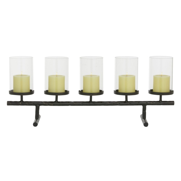 600097 Black Metal and Glass Contemporary Candlestick Holders, 11" x 27" x 7"