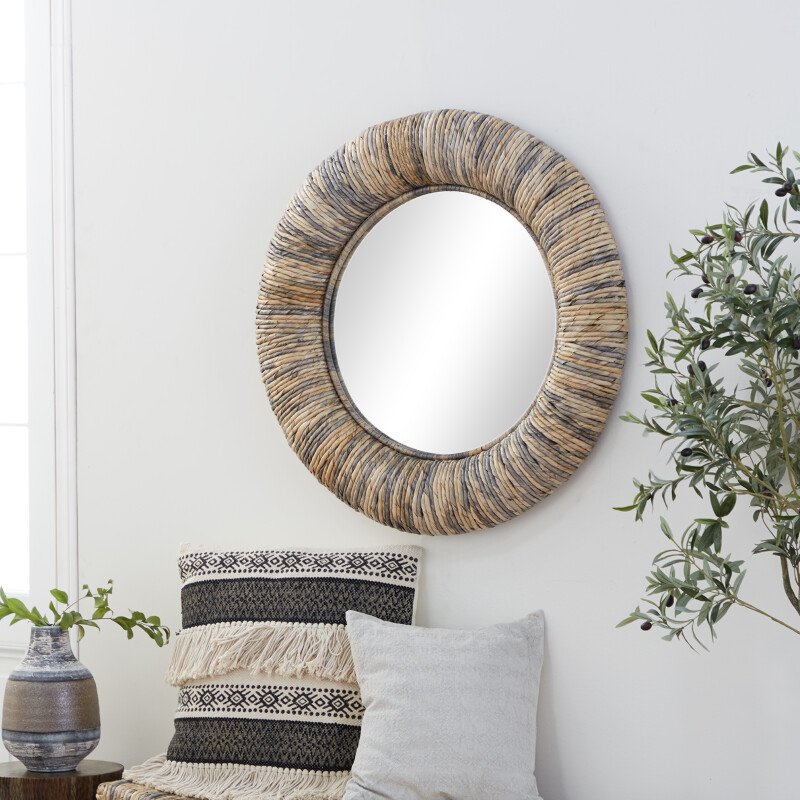 600323 Grey Teak Wood Coastal Style Wall Mirror, 35" x 35" x 3"