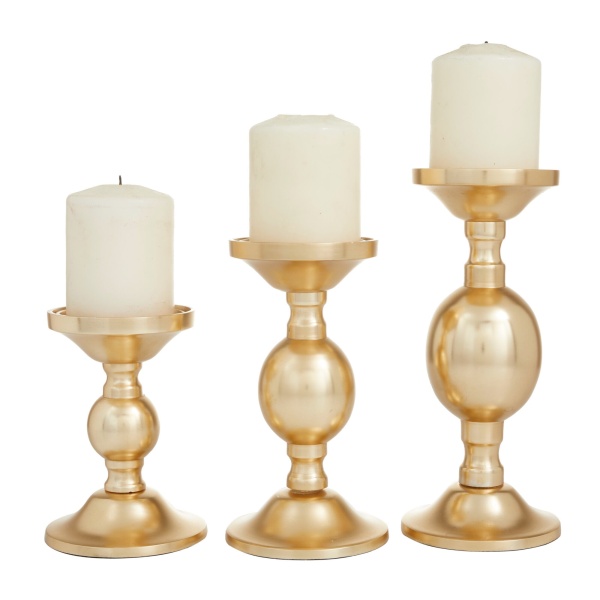 600480 Set of 3 Gold Aluminum Transitional Candle Holders, 10" x 4" x 4"