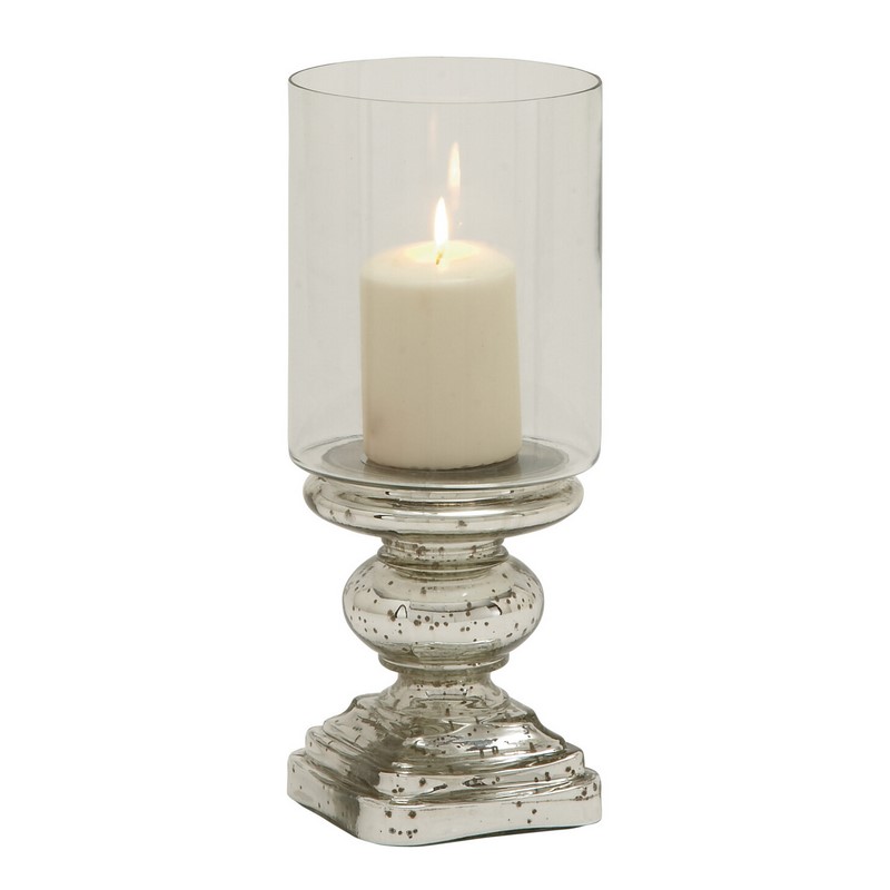600556 Silver Glass Traditional Candle Holder, 14" x 6" x 6"
