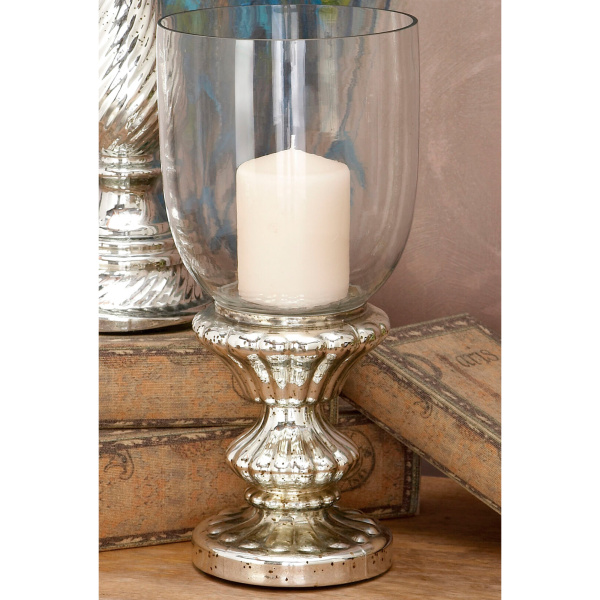600557 Silver Glass Traditional Candle Holder, 14" x 7" x 7"