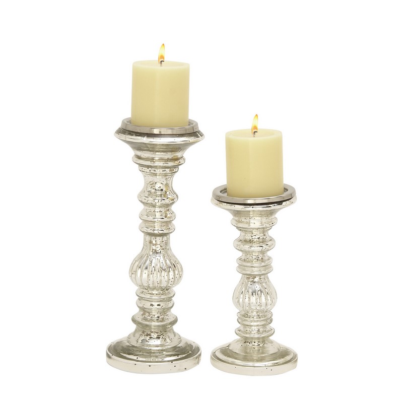 600564 Set of 2 Silver Metal Traditional Candle Holder, 9", 12"