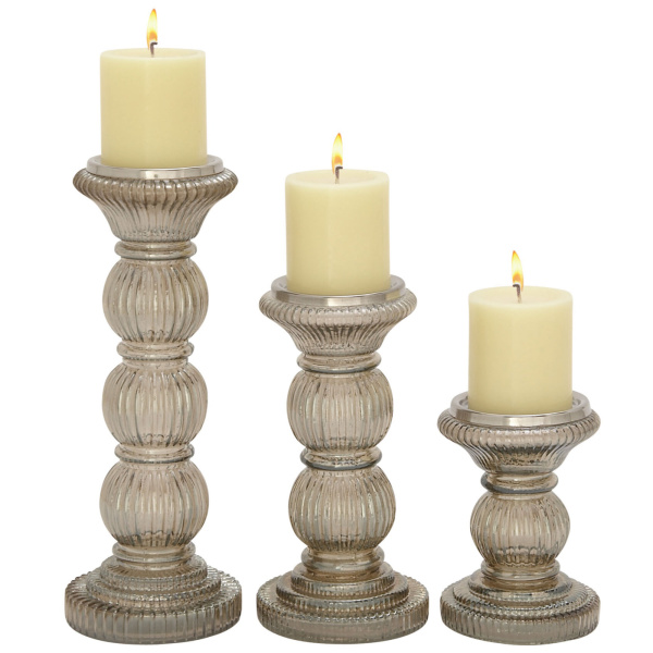 Set of 3 Clear Glass Traditional Candle Holder, 6", 9", 12"