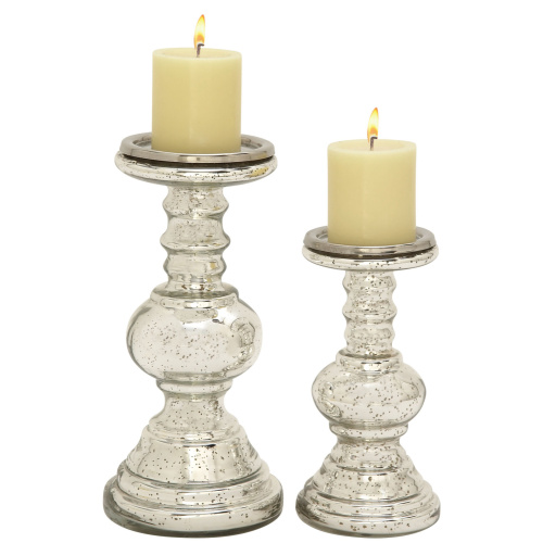 600567 Set of 2 Silver Glass Traditional Candle Holder, 9", 12"