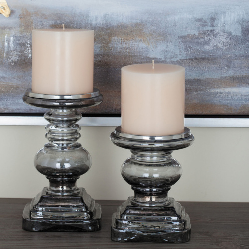 600573 Set of 2 Clear Glass Traditional Candle Holder, 7", 9"