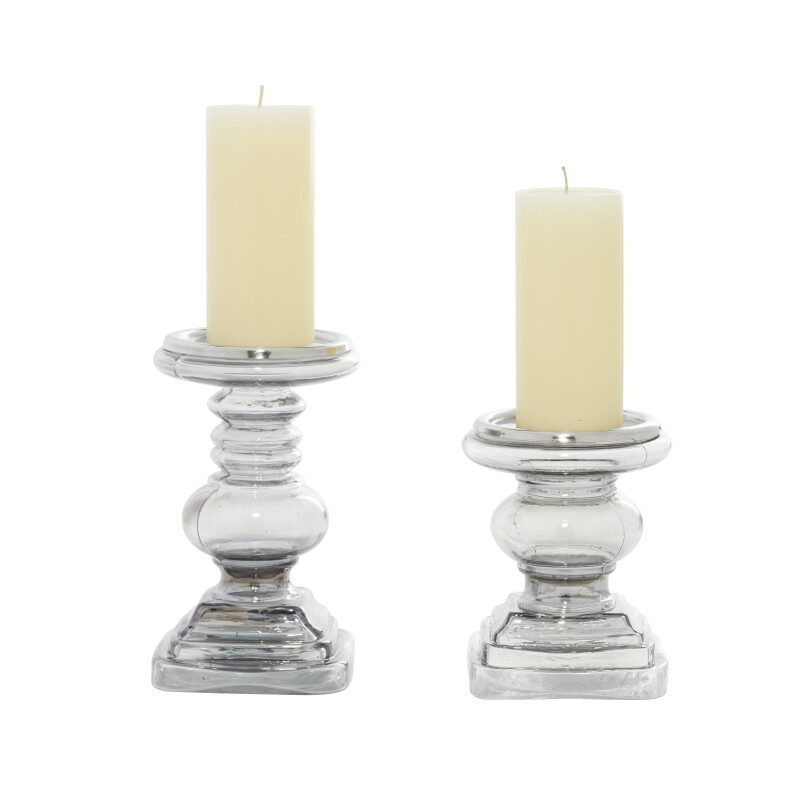 Set of 2 Clear Glass Traditional Candle Holder, 7", 9"