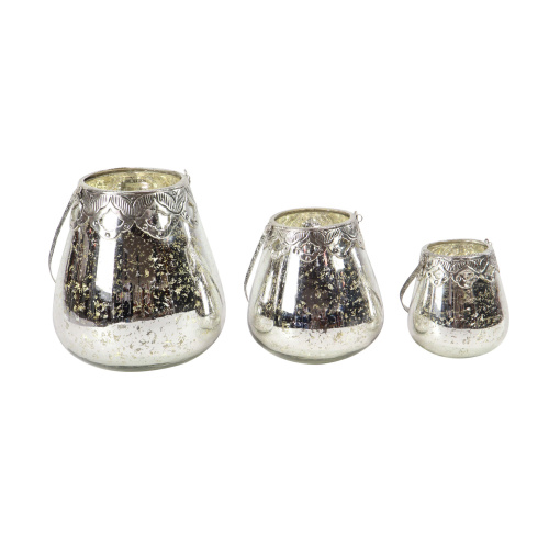 600593 Set of 3 Silver Glass Glam Candle Holder, 5", 7", 9"