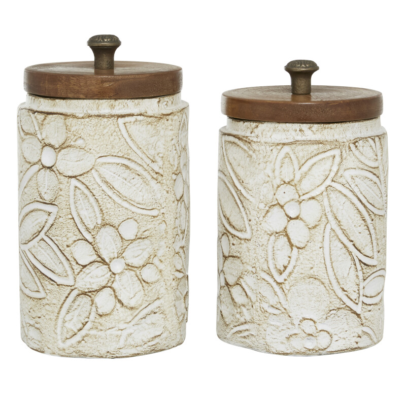 Set of 2 White Dolomite Farmhouse Decorative Jar, 9", 10"