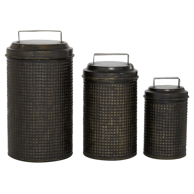 Set of 3 Black Metal Farmhouse Canisters, 7.25", 9.5", 11.5"