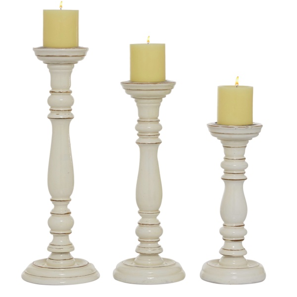 600610 Set of 3 White Wood Country Cottage Candle Holder, 12", 16", 18"