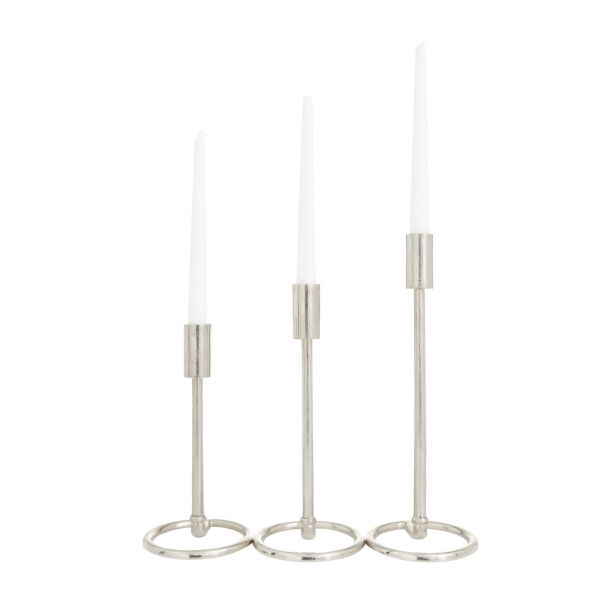 600748 Set of 3 Silver Aluminum Contemporary Candle Holders, 14" x 5" x 5"