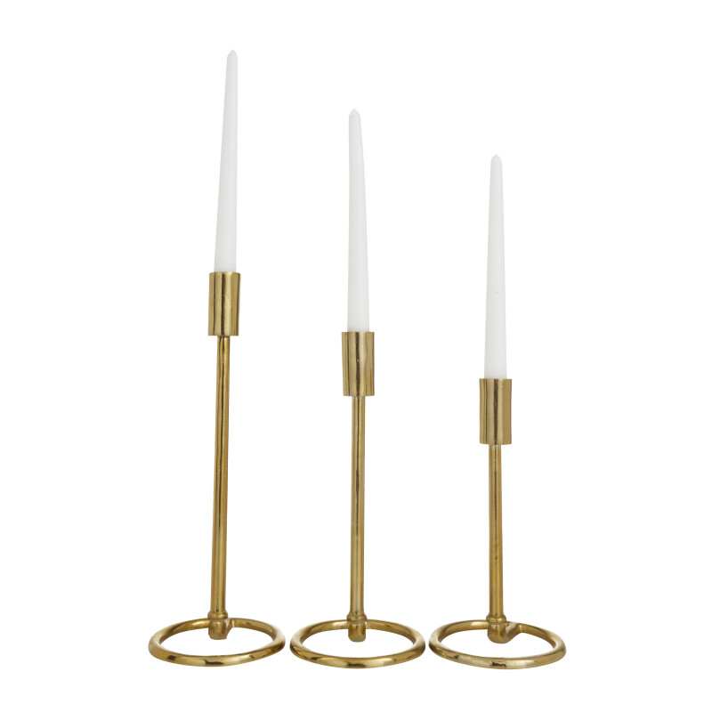 600749 Set of 3 Gold Aluminum Contemporary Candle Holders, 14" x 5" x 5"