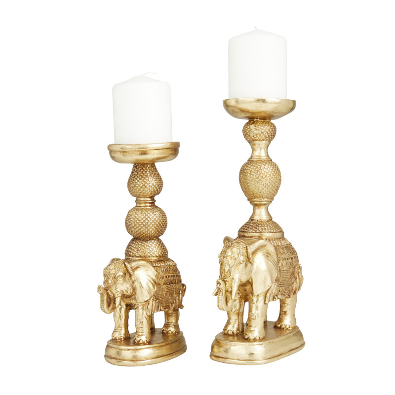 600762 Set of 2 Gold Polystone Traditional Candle Holders, 13" x 4" x 6"
