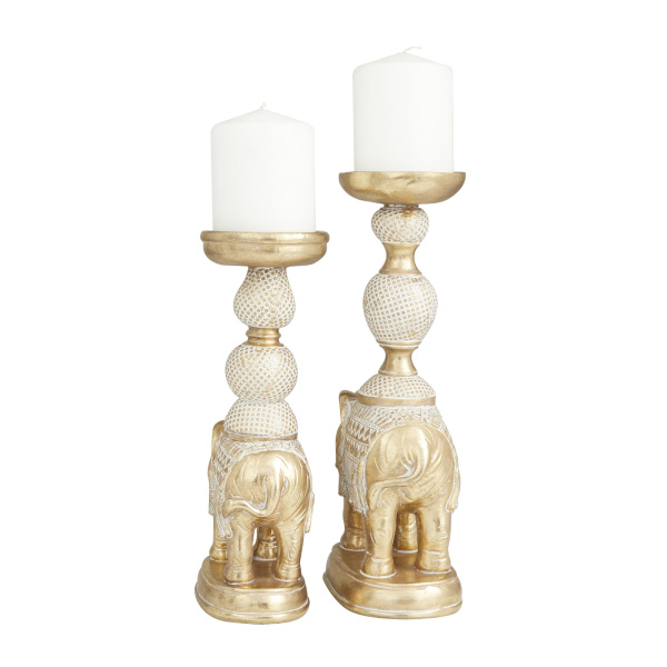 600763 Set Of 2 Gold Polystone Traditional Candle Holders 2