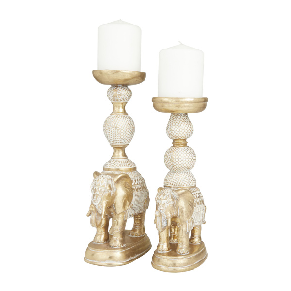 600763 Set of 2 Gold Polystone Traditional Candle Holders, 13" x 6" x 4"