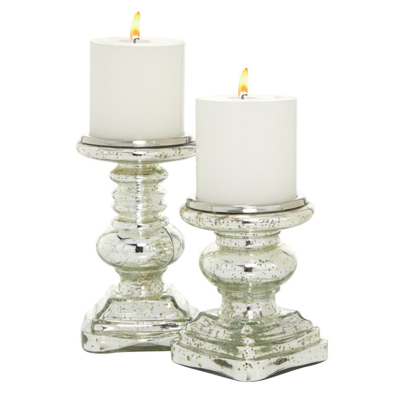 600852 Set Of 2 Silver Glass Traditional Candle Holder 13