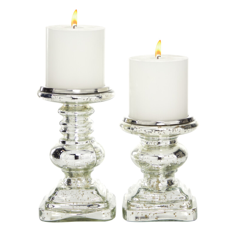Set of 2 Silver Glass Traditional Candle Holder, 9", 7"
