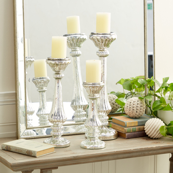 600853 Set of 3 Silver Glass Traditional Candle Holder, 21", 17", 12"