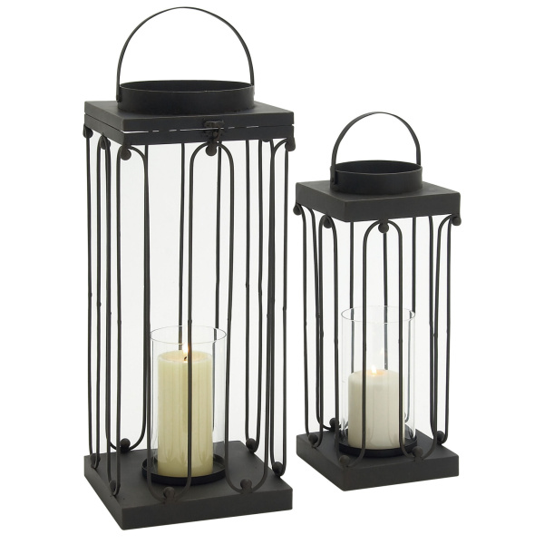 600865 Set of 2 Black Tin Contemporary Lantern, 24", 19"