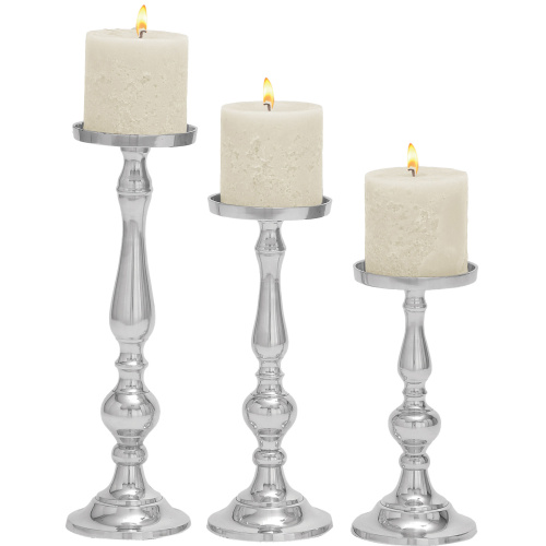600997 Set of 3 Silver Aluminum Traditional Candle Holder, 16", 13", 10"