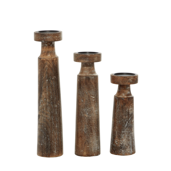 601020 Set of 3 Brown Wood Coastal Candle Holder, 10", 14", 18"