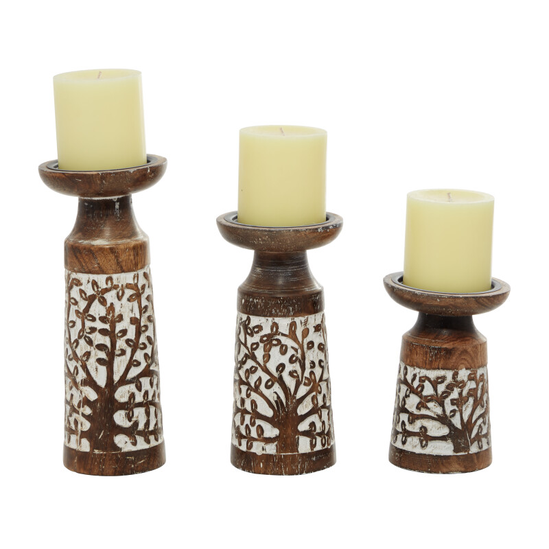 601021 Set of 3 Brown Wood Coastal Candle Holder, 6", 8", 9"