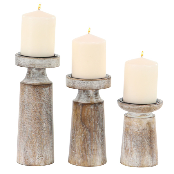 Set of 3 Brown Wood Coastal Candle Holder, 6", 8", 10"