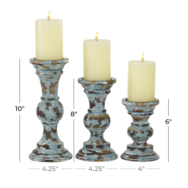 601063 Brown Set Of 3 Light Blue Wood Country Cottage Candle Holder 1