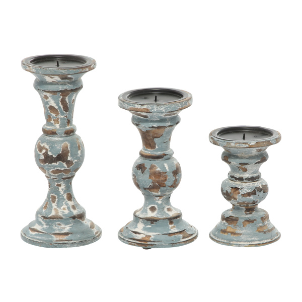 601063 Brown Set Of 3 Light Blue Wood Country Cottage Candle Holder 4