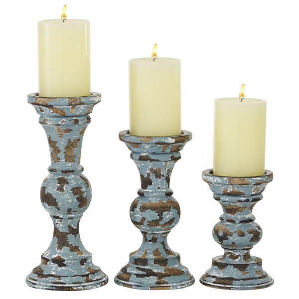 601063 Set of 3 Light Blue Wood Country Cottage Candle Holder, 6", 8", 10"