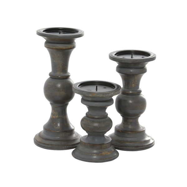 601065 Set Of 3 Brown Wood Country Cottage Candle Holder 5
