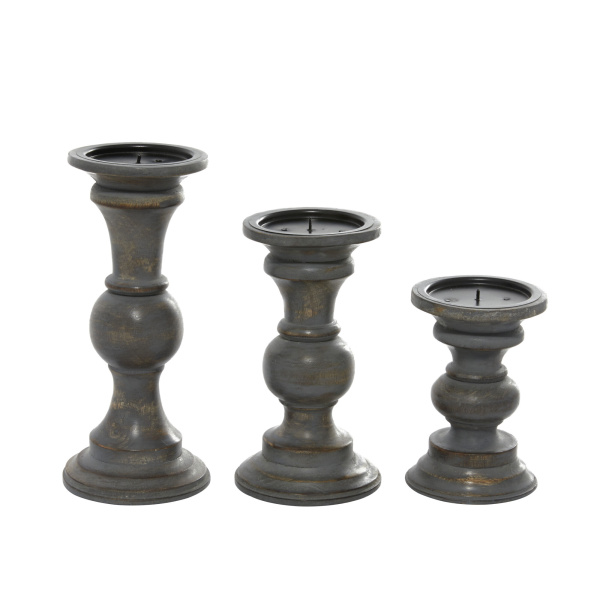 601065 Set Of 3 Brown Wood Country Cottage Candle Holder 6